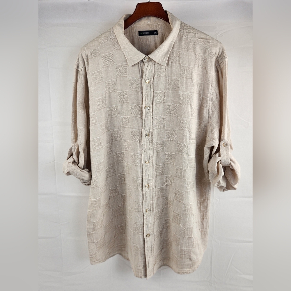 DeFacto Shirt Mens 2XL Tan Roll Tab Sleeve Button Up Check Linen Turkish